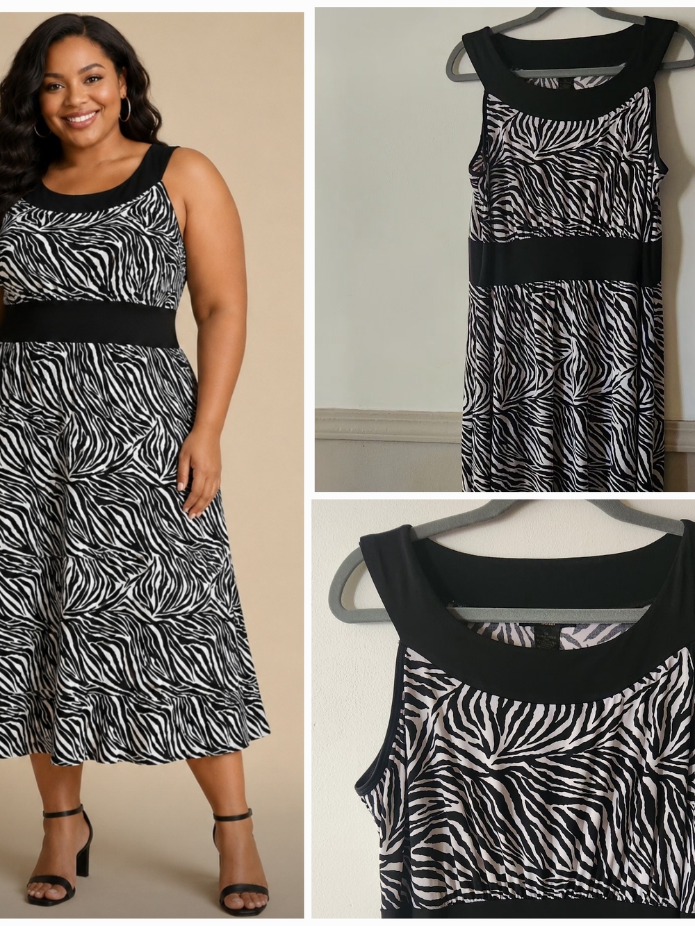 Susan Lawrence Black and White Zebra-Print Midi Dress